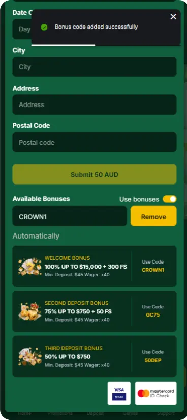 Welcome bonus screen displaying bonus amount, free spins count, wagering requirements of 35x, and Claim Bonus button highlighted