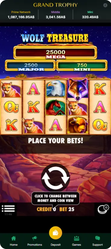 Wolf Treasure game in action showing reels spinning with Moon symbols landing, Arizona desert backdrop at twilight, and Money Respin feature about to trigger with 6 Moon symbols visible