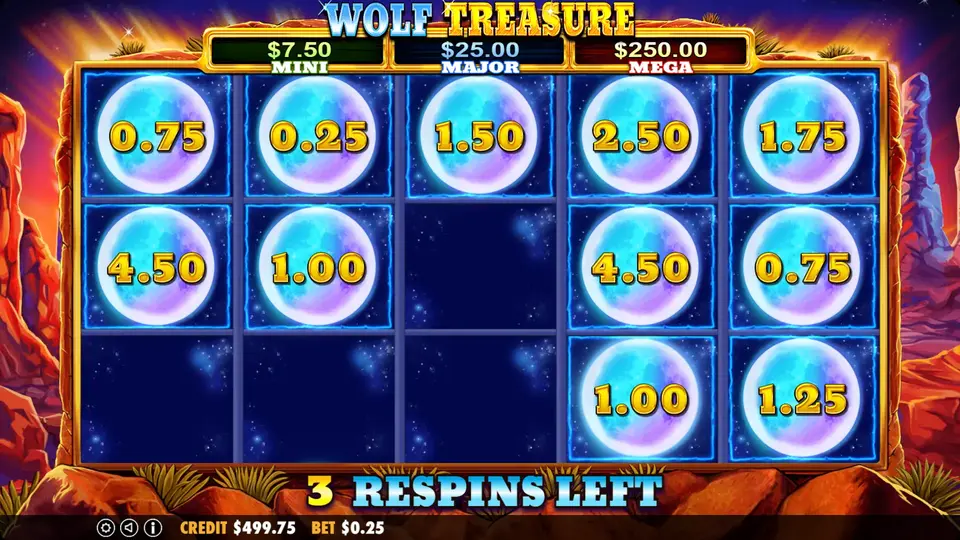 Money Respin feature active showing multiple Moon symbols locked on the reels with cash values and jackpot indicators displayed, respins counter showing 3 remaining spins, Arizona desert backdrop visible behind the reels